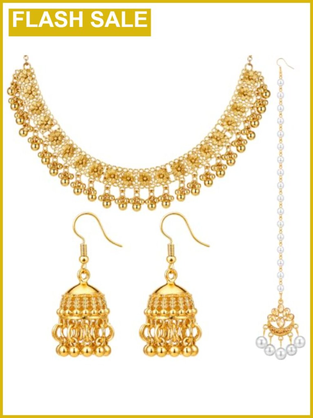 Kundan Indian Jewelry Set 3 Pcs Necklace Maang Tikka Earrings Alloy Rhinestones